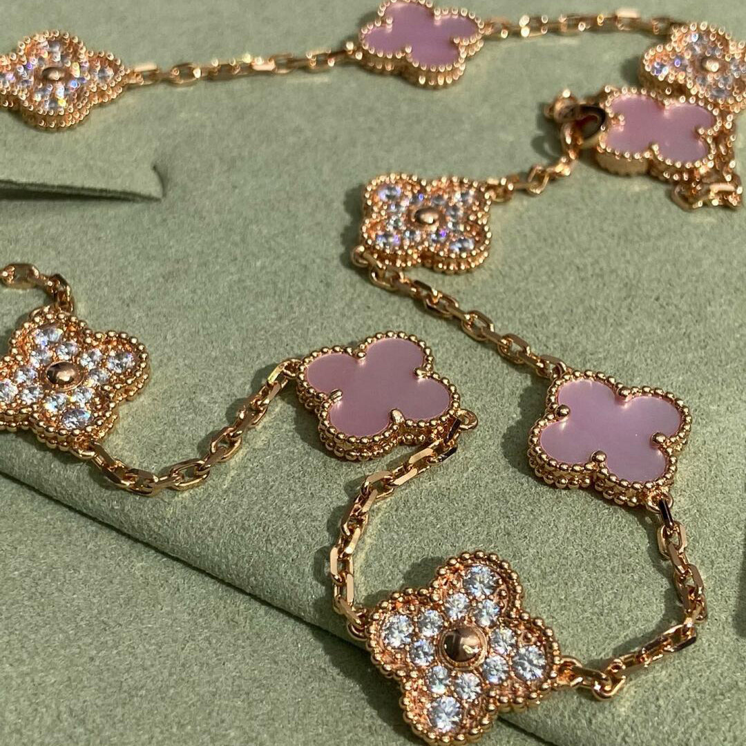 [Max Jewelry ]CLOVER 10 MOTIFS DIAMOND PINK MOP NECKLACE