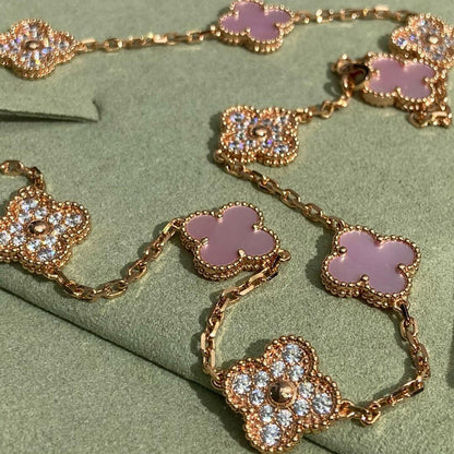 [Max Jewelry ]CLOVER 10 MOTIFS DIAMOND PINK MOP NECKLACE