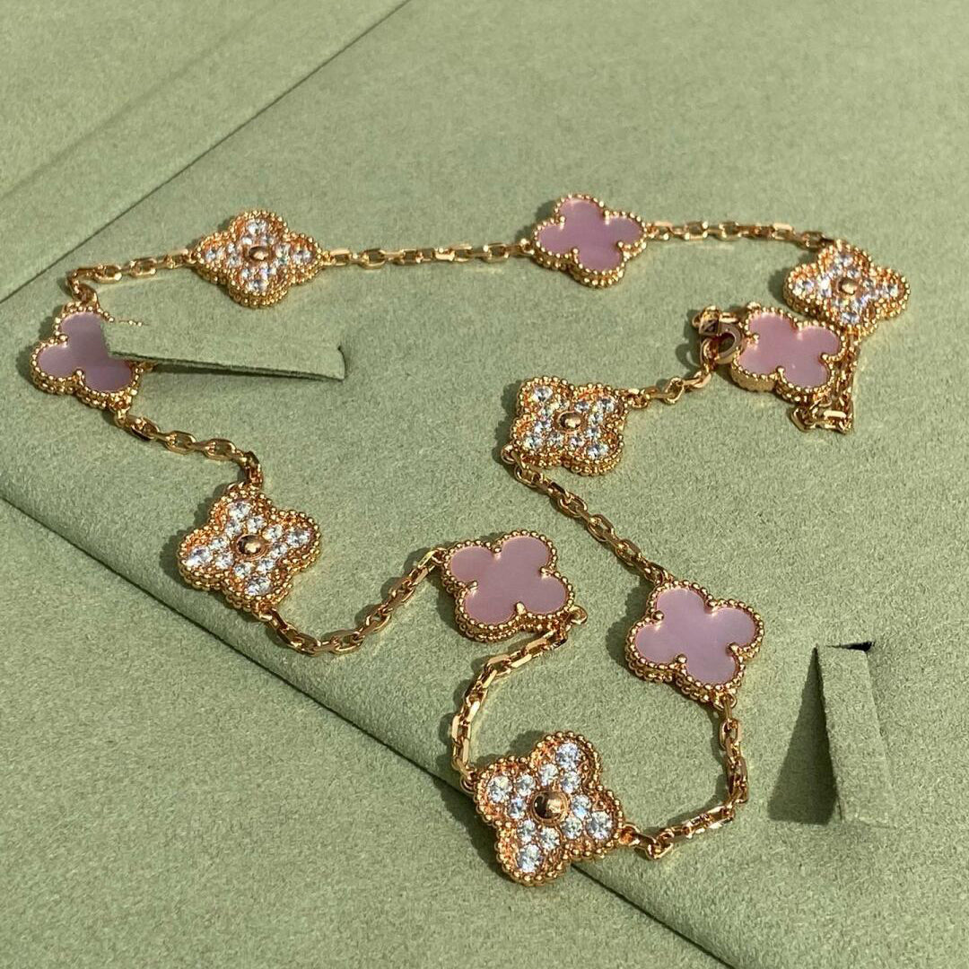 [Max Jewelry ]CLOVER 10 MOTIFS DIAMOND PINK MOP NECKLACE