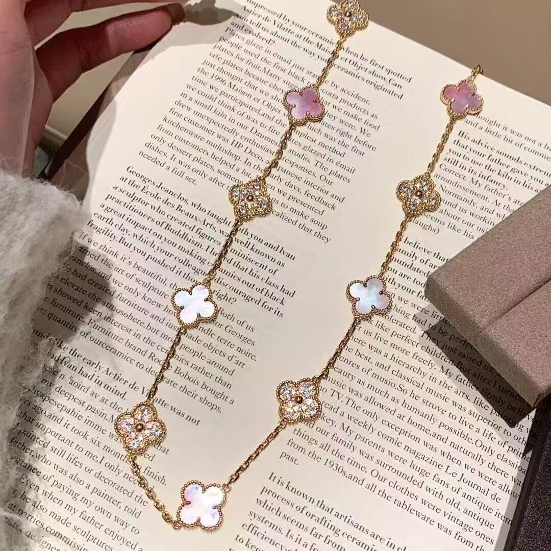 [Max Jewelry ]CLOVER 10 MOTIFS DIAMOND PINK MOP NECKLACE