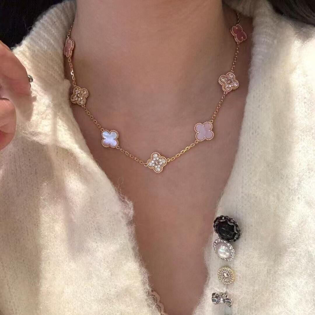 [Max Jewelry ]CLOVER 10 MOTIFS DIAMOND PINK MOP NECKLACE
