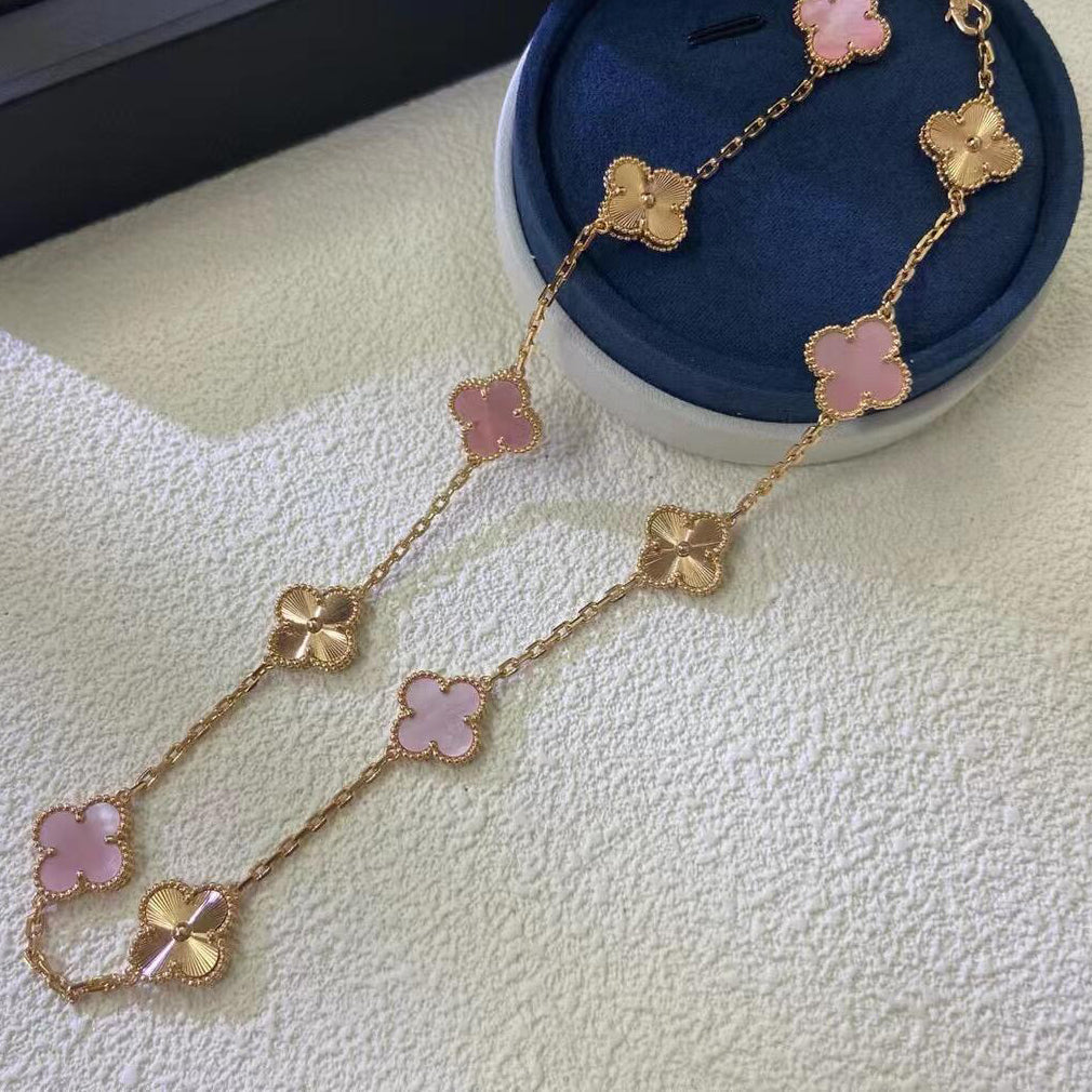 [Max Jewelry ]CLOVER 10 MOTIFS  LASER PINK MOP NECKLACE