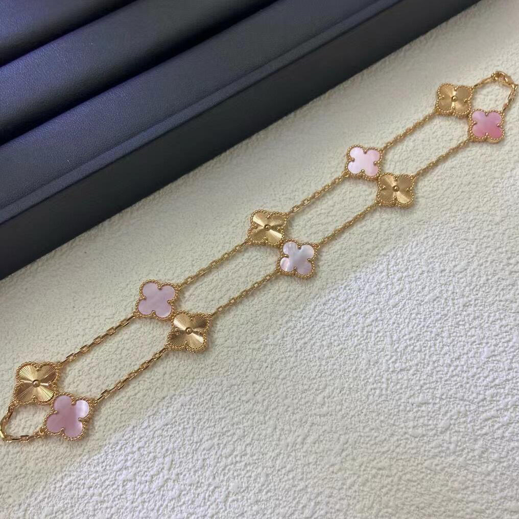 [Max Jewelry ]CLOVER 10 MOTIFS  LASER PINK MOP NECKLACE