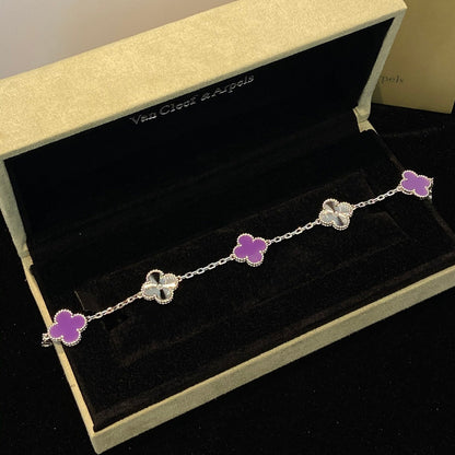[Max Jewelry ]CLOVER  5 MOTIFS  PURPLE VIOLET BRACELET SILVER