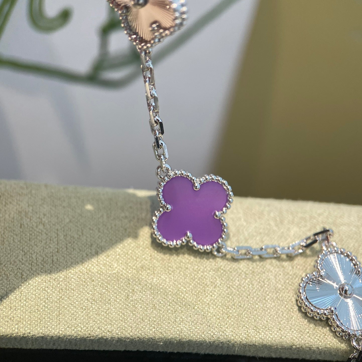 [Max Jewelry ]CLOVER  5 MOTIFS  PURPLE VIOLET BRACELET SILVER