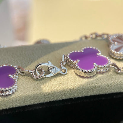 [Max Jewelry ]CLOVER  5 MOTIFS  PURPLE VIOLET BRACELET SILVER