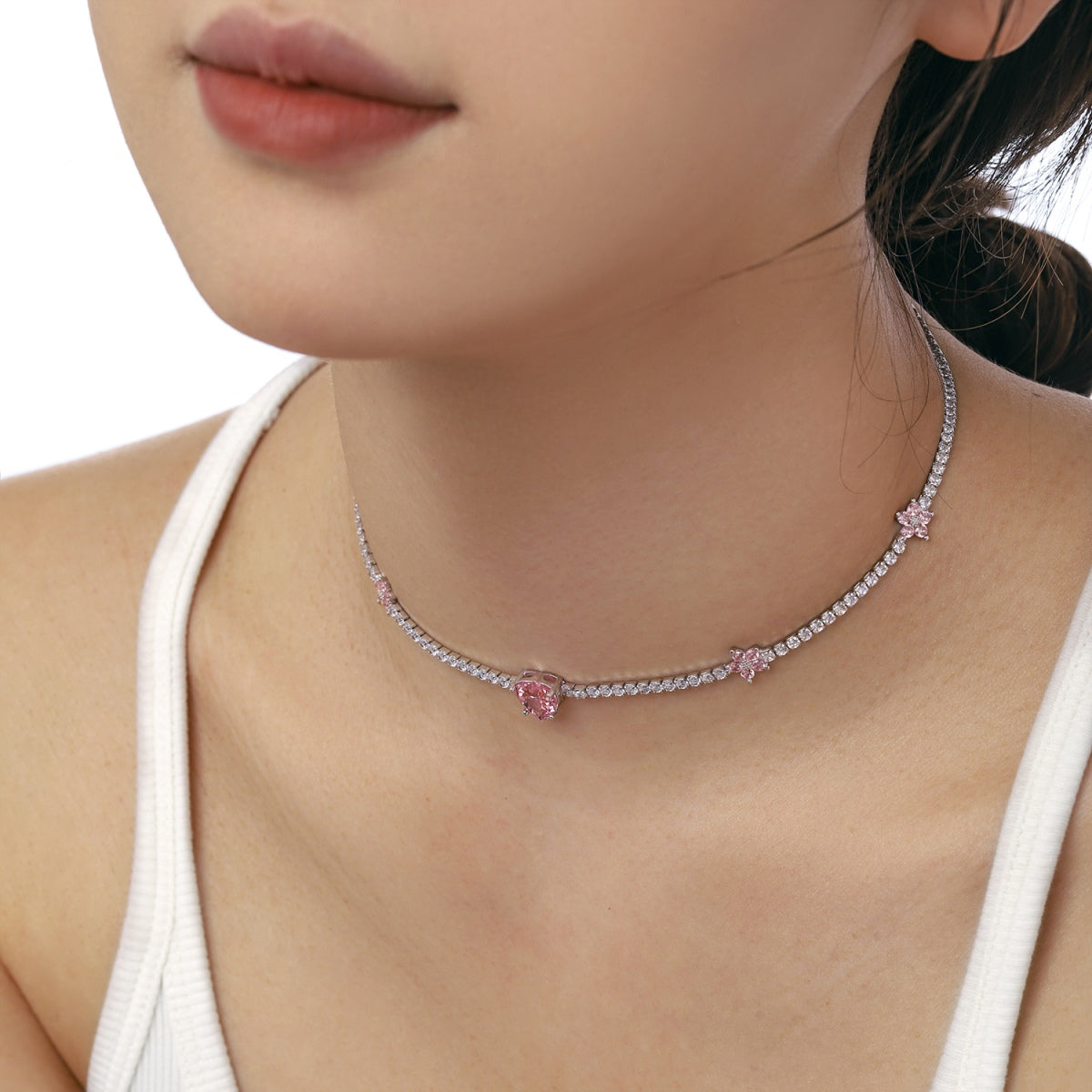 [Max Jewelry ]Dazzling Pink Heart Flower Necklace