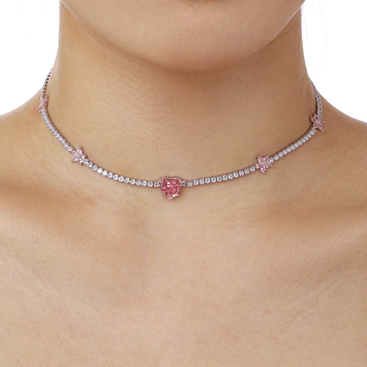 [Max Jewelry ]Dazzling Pink Heart Flower Necklace