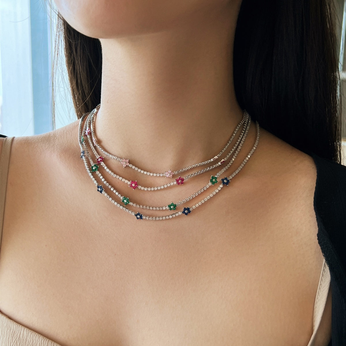 [Max Jewelry ]Luxurious Colorful Flower Tennis Necklace