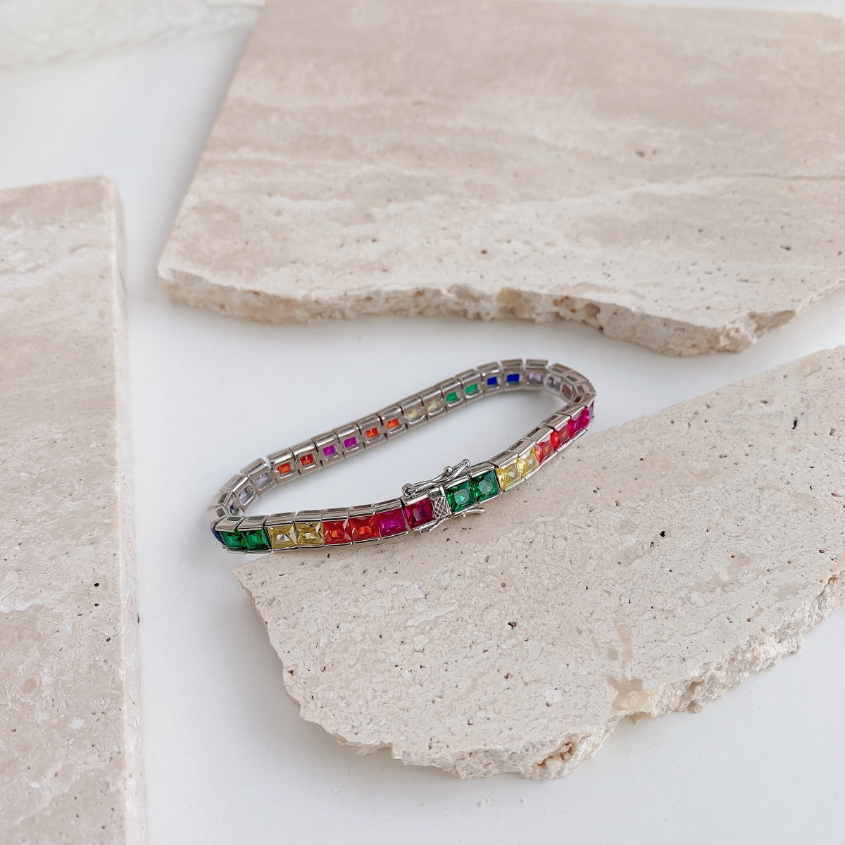 [Max Jewelry ]Radiant Colorful Princess Cut Tennis Bracelet