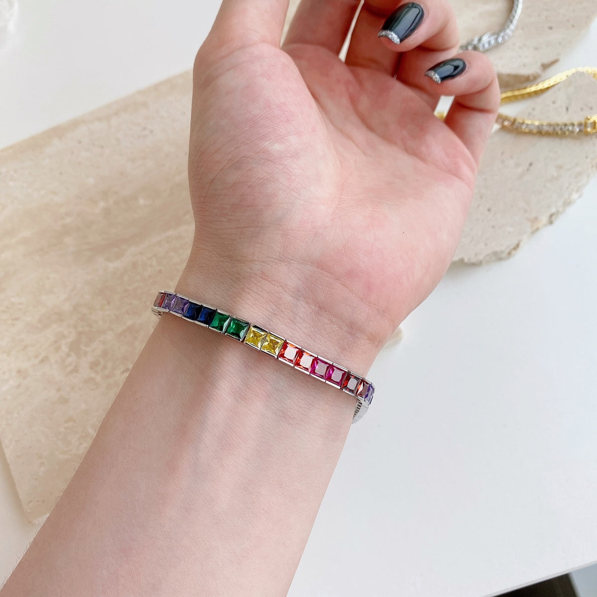 [Max Jewelry ]Radiant Colorful Princess Cut Tennis Bracelet