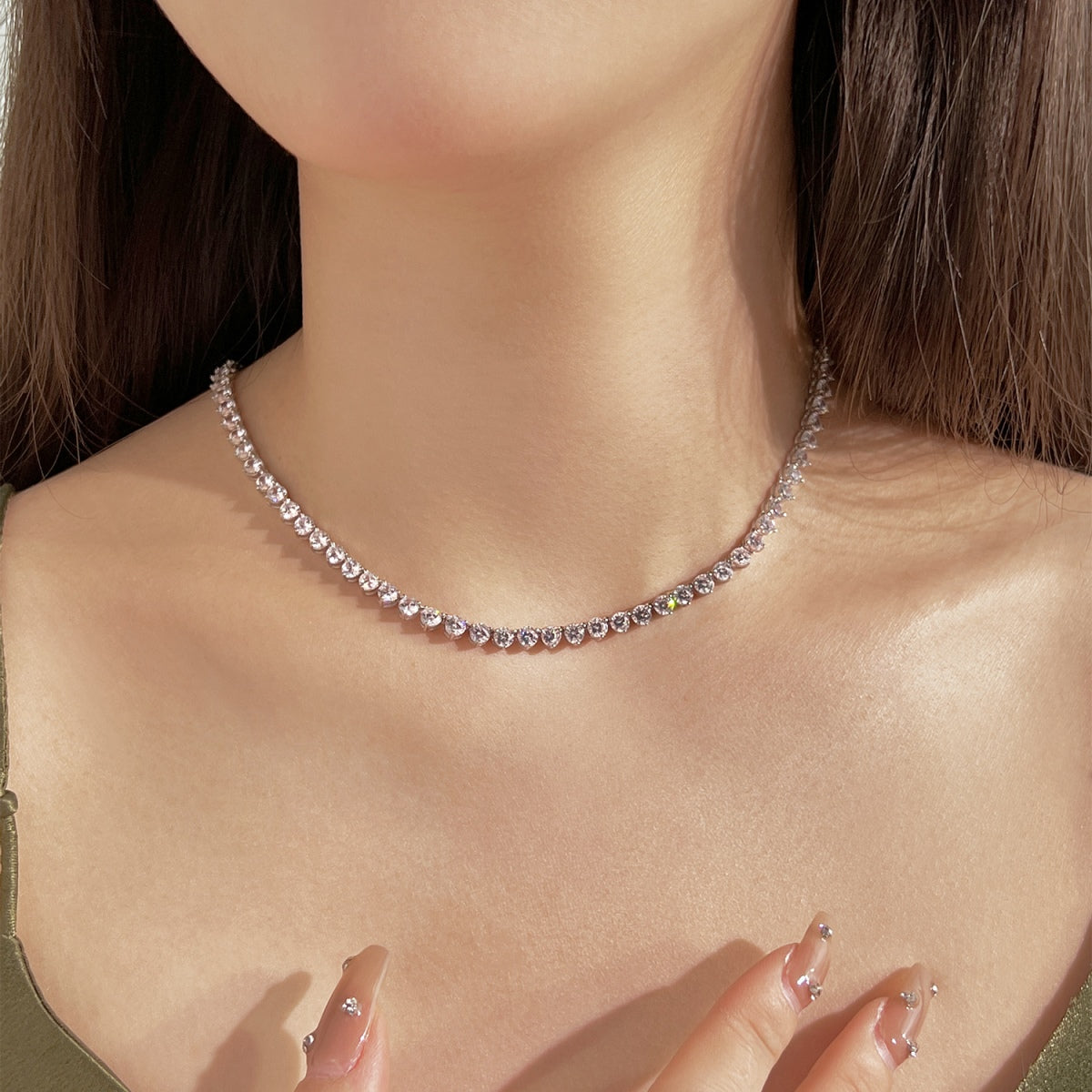 [Max Jewelry ]Ornate Heart Cut Tennis Necklace