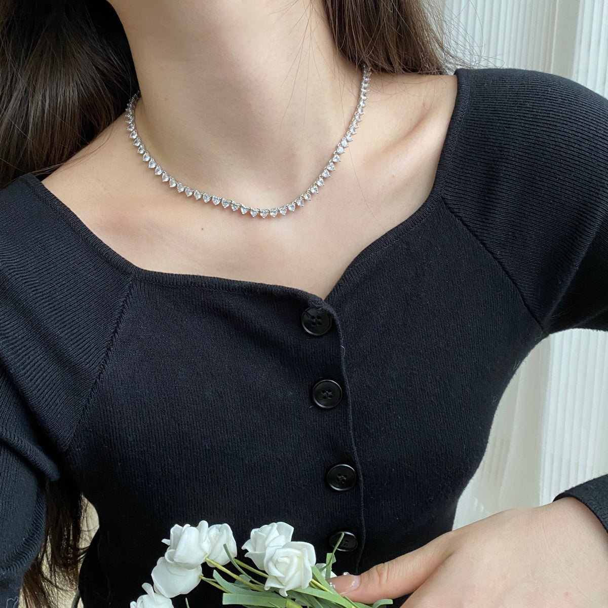 [Max Jewelry ]Ornate Heart Cut Tennis Necklace