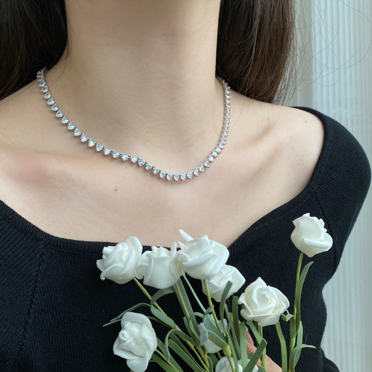 [Max Jewelry ]Ornate Heart Cut Tennis Necklace