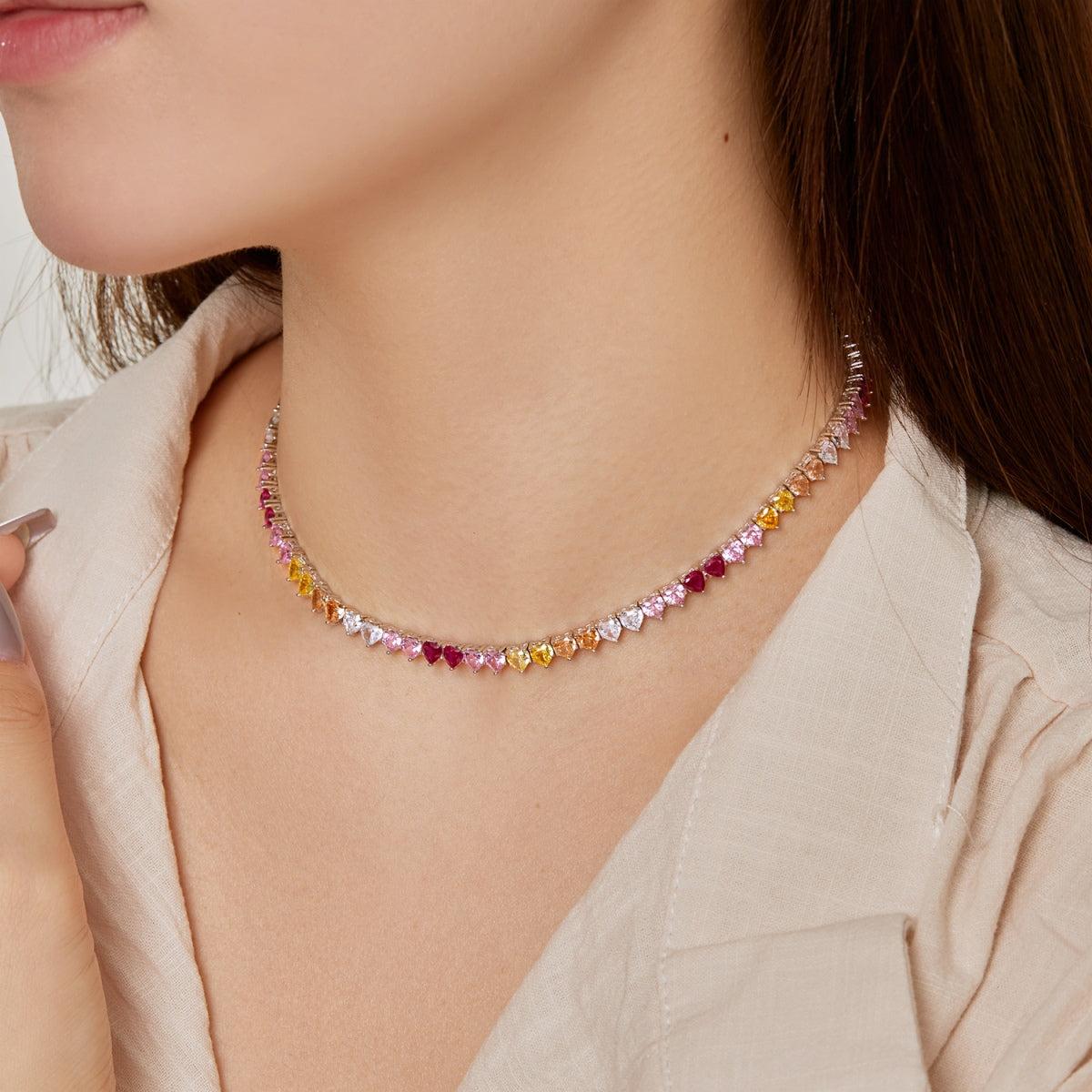 [Max Jewelry ]Sparkling Colorful Full Heart Tennis Necklace