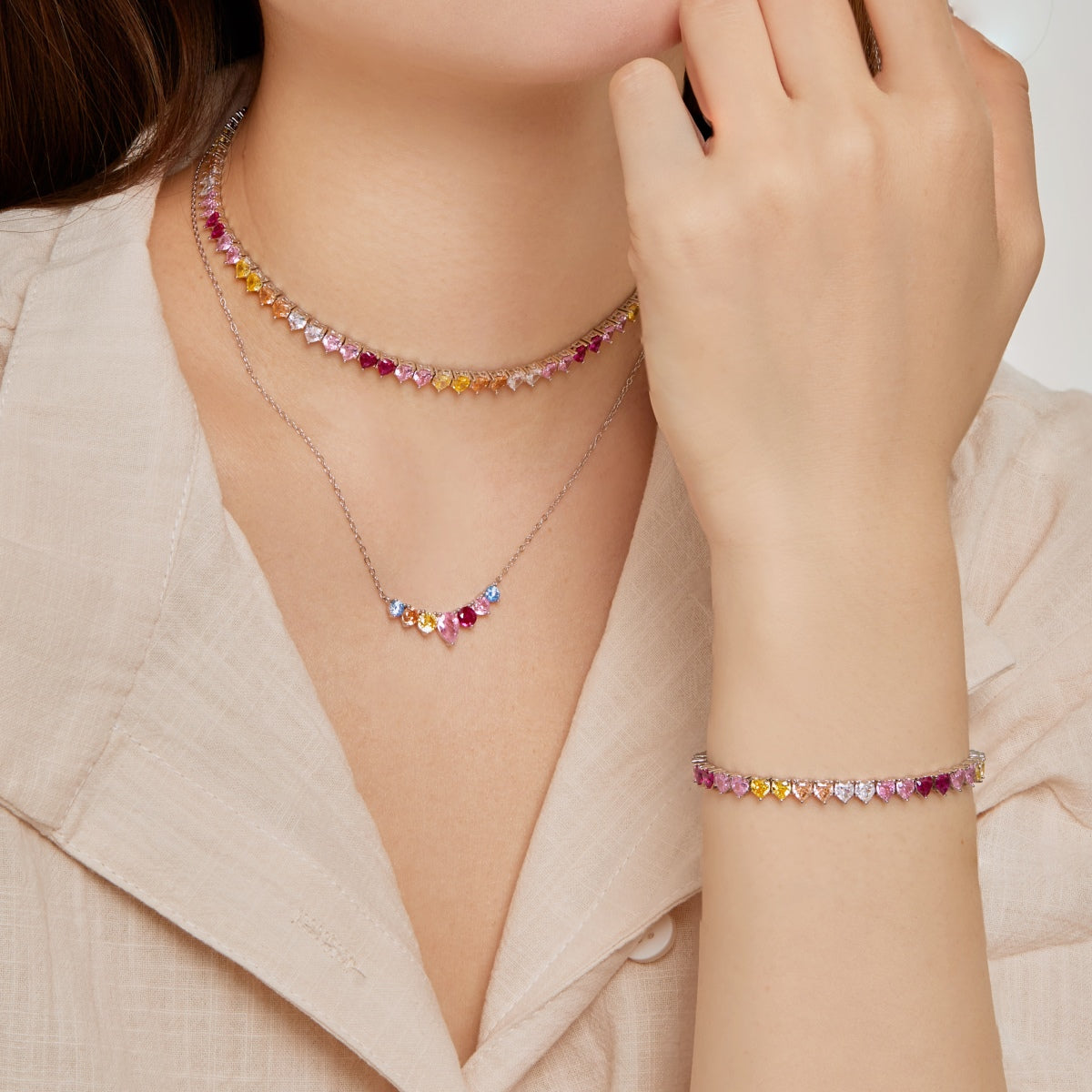 [Max Jewelry ]Sparkling Colorful Full Heart Tennis Necklace