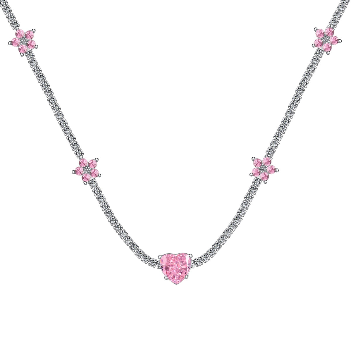 [Max Jewelry ]Dazzling Pink Heart Flower Necklace