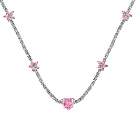 [Max Jewelry ]Dazzling Pink Heart Flower Necklace