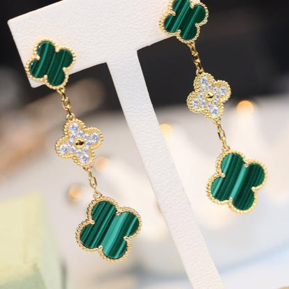 [Max Jewelry ]CLOVER EARRINGS GOLD MALACHITE DIAMOND 3 MOTIF
