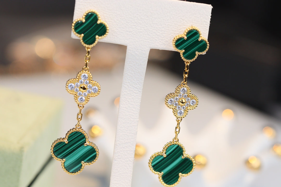 [Max Jewelry ]CLOVER EARRINGS GOLD MALACHITE DIAMOND 3 MOTIF