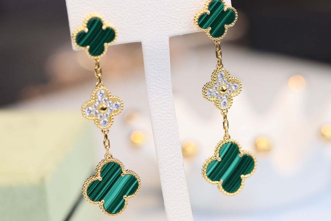 [Max Jewelry ]CLOVER EARRINGS GOLD MALACHITE DIAMOND 3 MOTIF