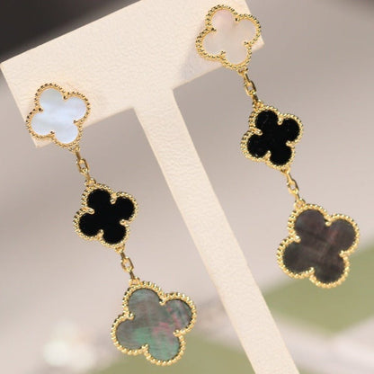 [Max Jewelry ]CLOVER EARRINGS GOLD ONYX MOP 3 MOTIF