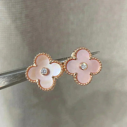 [Max Jewelry ]CLOVER MEDIUM 1 MOTIFS  PINK MOP DIAMOND EARRINGS