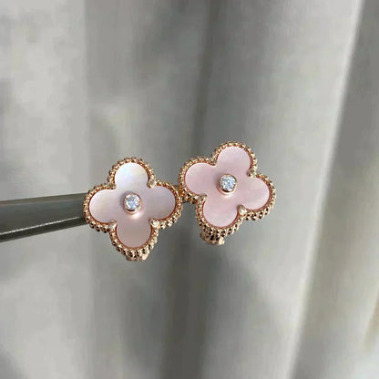 [Max Jewelry ]CLOVER MEDIUM 1 MOTIFS  PINK MOP DIAMOND EARRINGS
