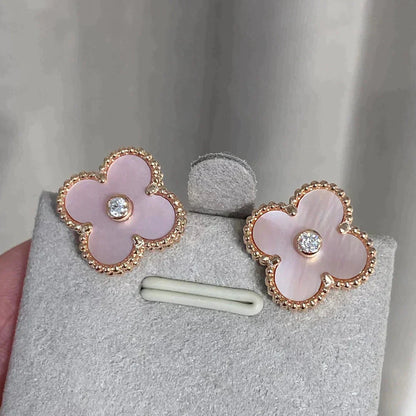 [Max Jewelry ]CLOVER MEDIUM 1 MOTIFS  PINK MOP DIAMOND EARRINGS