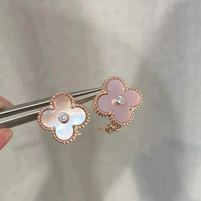 [Max Jewelry ]CLOVER MEDIUM 1 MOTIFS  PINK MOP DIAMOND EARRINGS
