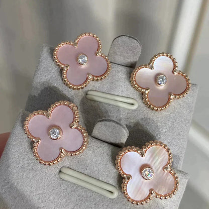 [Max Jewelry ]CLOVER MEDIUM 1 MOTIFS  PINK MOP DIAMOND EARRINGS