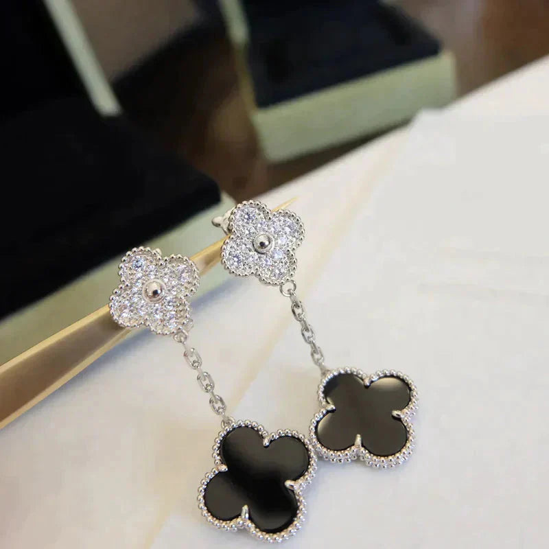 [Max Jewelry ]CLOVER 2 MOTIFS  DIAMOND ONYX EARRINGS SILVER
