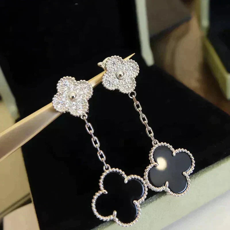 [Max Jewelry ]CLOVER 2 MOTIFS  DIAMOND ONYX EARRINGS SILVER