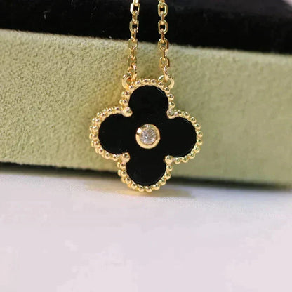 [Max Jewelry ]CLOVER 15MM DIAMOND ONYX NECKLACE