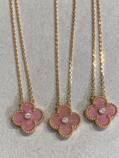 [Max Jewelry ]CLOVER 15MM DIAMOND RHODONITE NECKLACE
