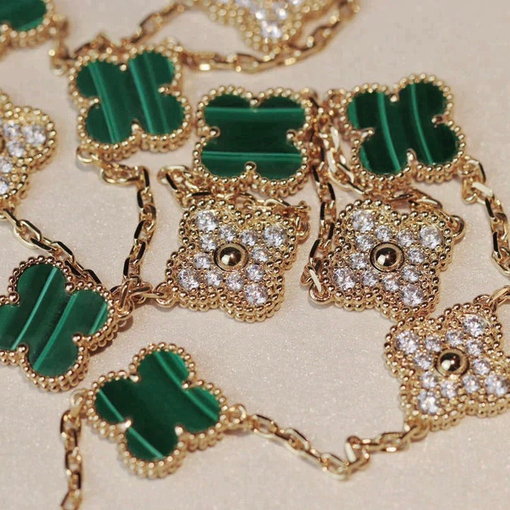 [Max Jewelry ]CLOVER 20 MOTIFS MALACHITE DIAMOND NECKLACE