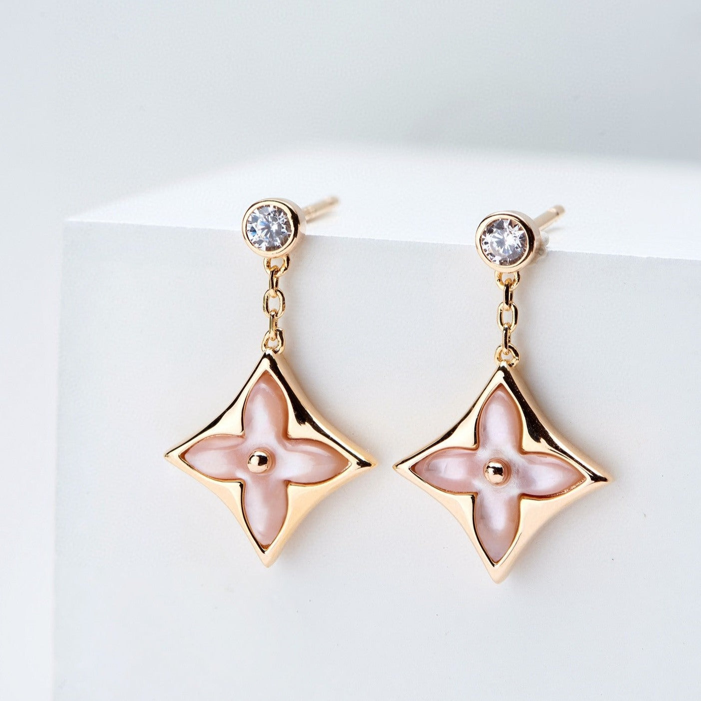 [Max Jewelry ]DOUBLE STAR PINK GOLD MOP DROP EARRINGS