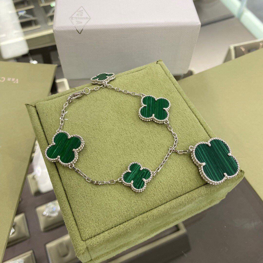 [Max Jewelry ]CLOVER 5 MOTIFS SIVLER MALACHITE BRACELET