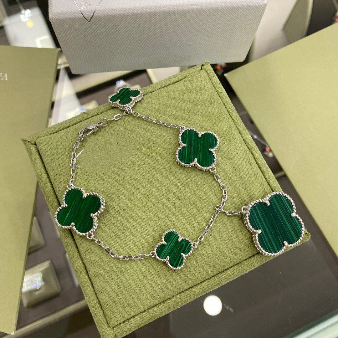 [Max Jewelry ]CLOVER 5 MOTIFS SIVLER MALACHITE BRACELET