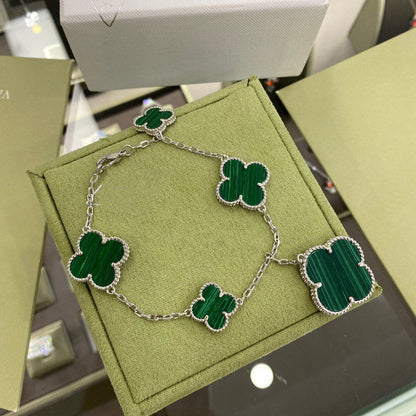 [Max Jewelry ]CLOVER 5 MOTIFS SIVLER MALACHITE BRACELET