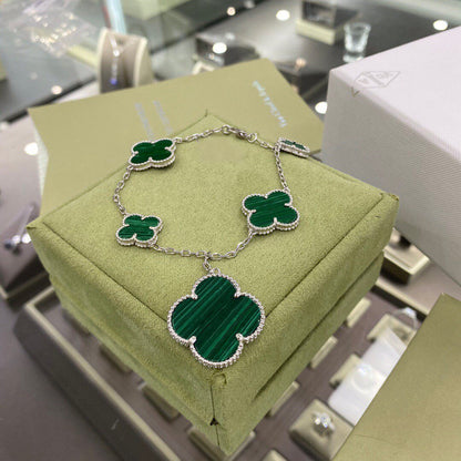 [Max Jewelry ]CLOVER 5 MOTIFS SIVLER MALACHITE BRACELET