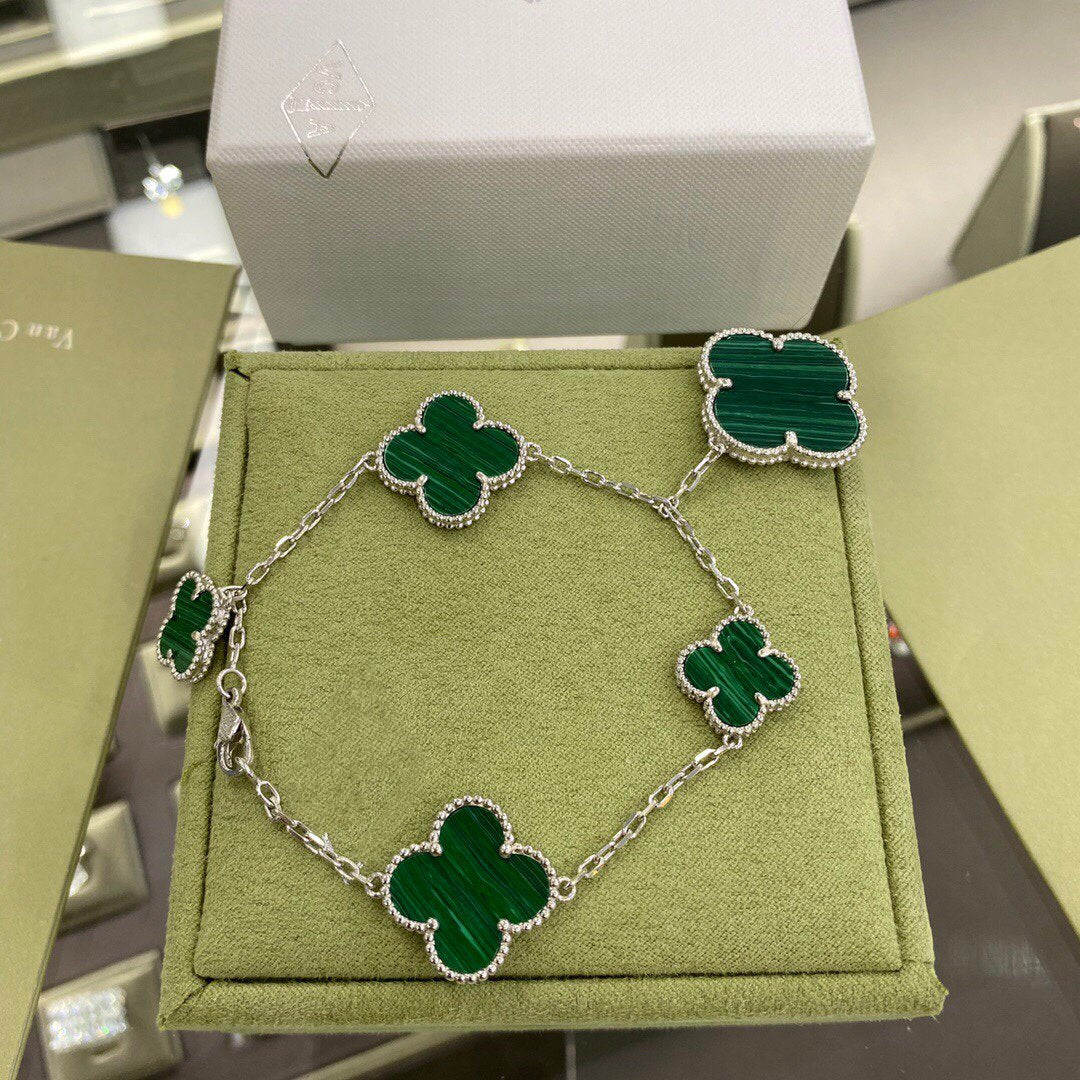 [Max Jewelry ]CLOVER 5 MOTIFS SIVLER MALACHITE BRACELET