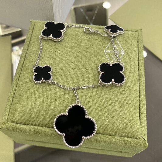 [Max Jewelry ]CLOVER 5 MOTIFS SIVLER ONYX BRACELET