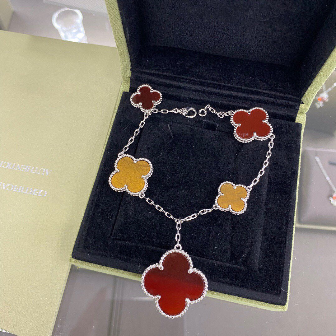 [Max Jewelry ]CLOVER 5 MOTIFS SIVLER CARNELIAN TIGER EYE BRACELET