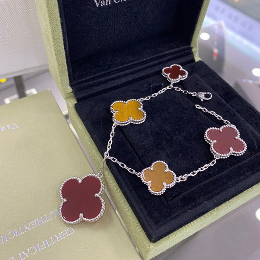 [Max Jewelry ]CLOVER 5 MOTIFS SIVLER CARNELIAN TIGER EYE BRACELET