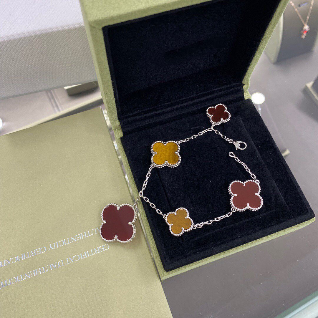[Max Jewelry ]CLOVER 5 MOTIFS SIVLER CARNELIAN TIGER EYE BRACELET