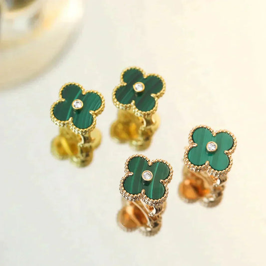 [Max Jewelry ]CLOVER MEDIUM 1 MOTIFS MALACHITE DIAMOND EARRINGS