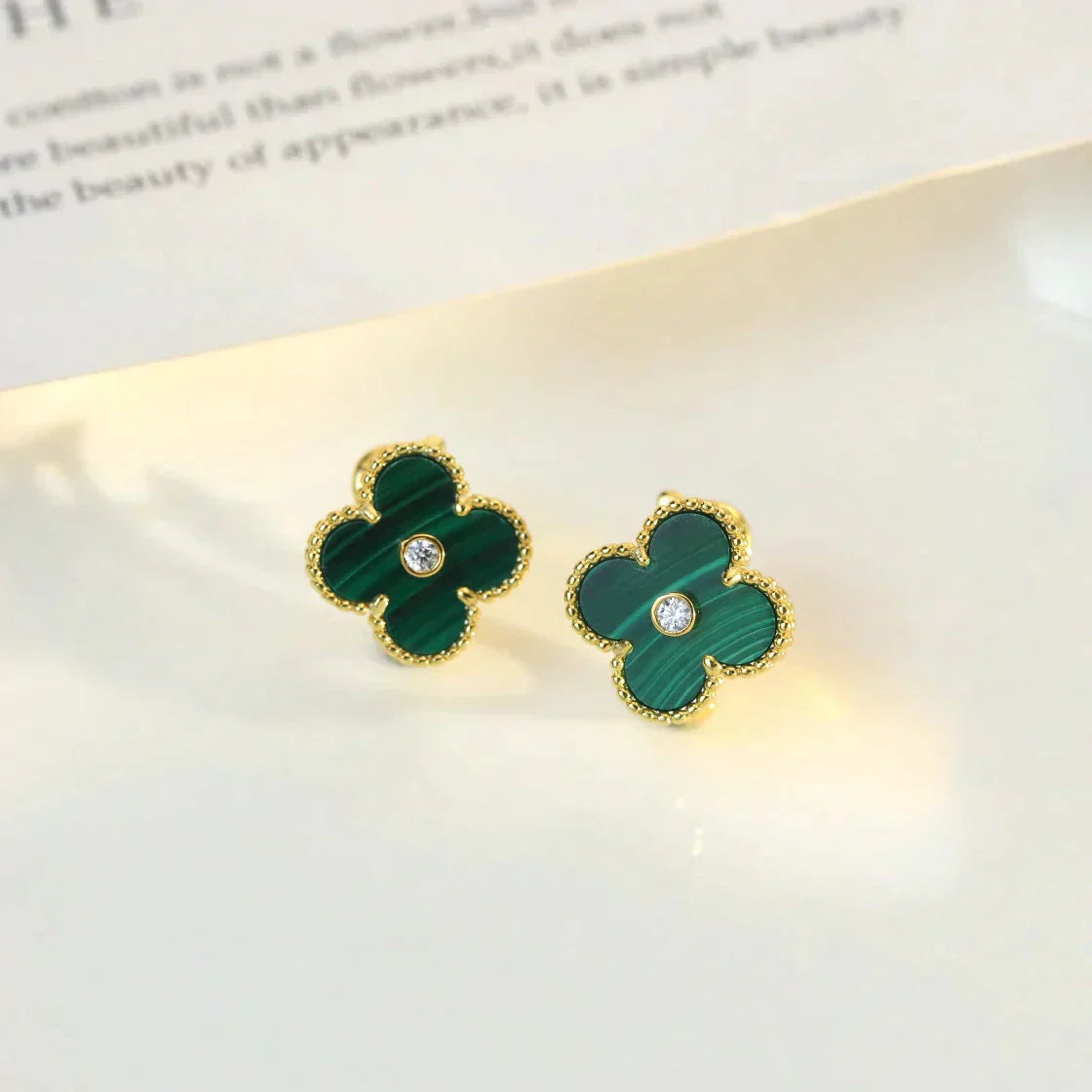[Max Jewelry ]CLOVER MEDIUM 1 MOTIFS MALACHITE DIAMOND EARRINGS