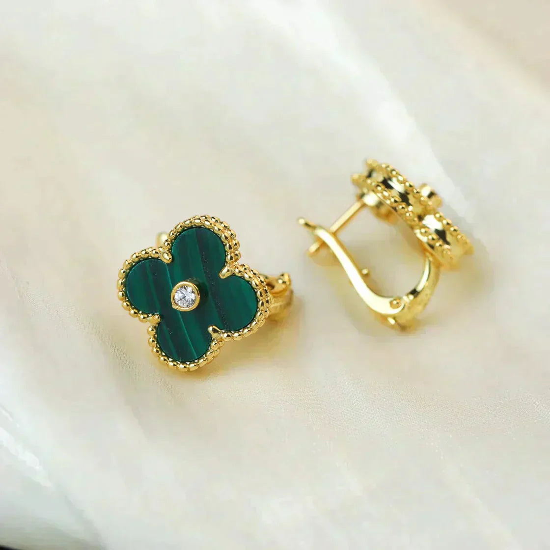 [Max Jewelry ]CLOVER MEDIUM 1 MOTIFS MALACHITE DIAMOND EARRINGS