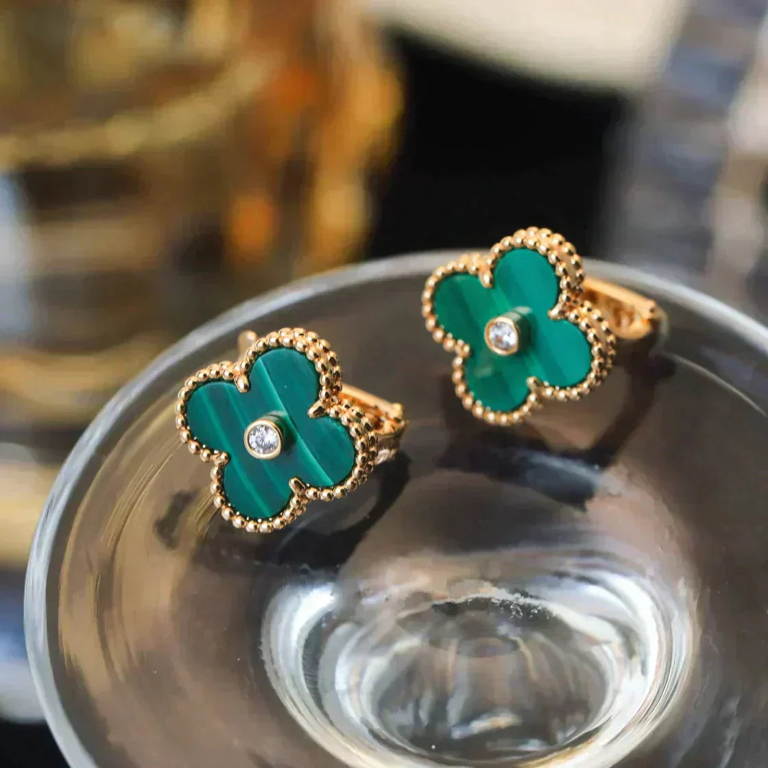[Max Jewelry ]CLOVER MEDIUM 1 MOTIFS MALACHITE DIAMOND EARRINGS